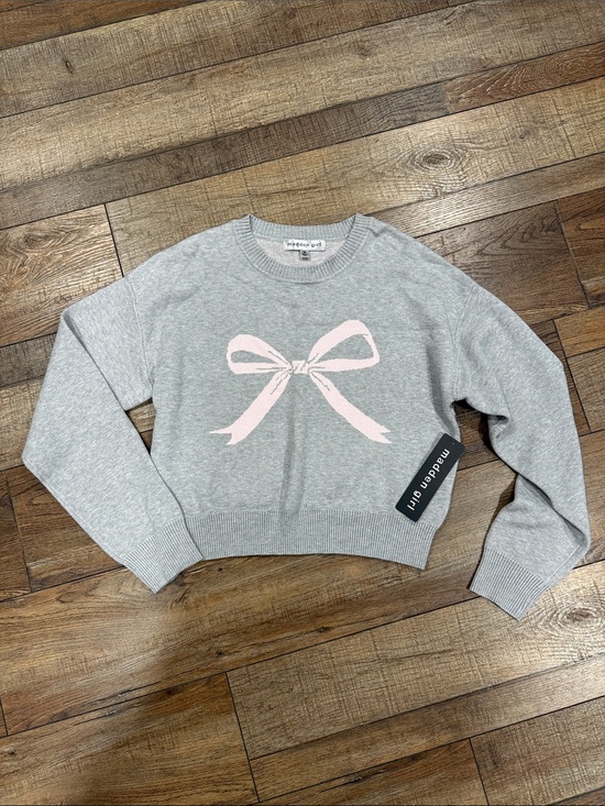 Madden Girl Sweaters - Madden Girl Light Gray Crewneck Sweater with Pink Bow Graphic